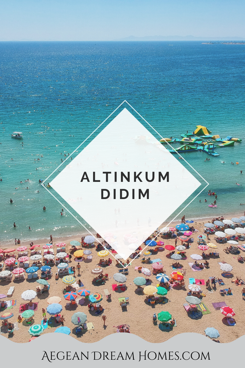 Altinkum resort banner. Picture of Altinkum beach. Text overlay reads: Altinkum Didim. Aegean Dream Homes.com