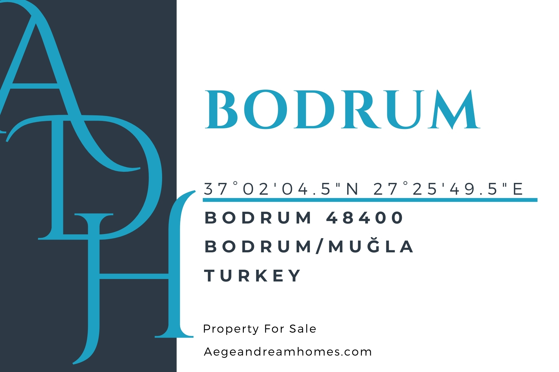 Bodrum postcard. Show Bodrum address and coordinates. Reads Bodrum property for sale..