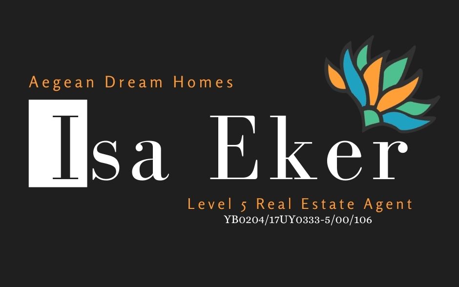 Turkish Estate Agent Business Card. Text reads: Aegean Dream Homes, Isa Eker, Level 5 Real Estate Agent and registration number